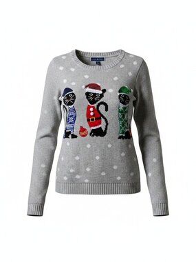 Karen Scott XL Christmas Cat Sweater Gray Holiday Knit Winter Kitty Pullover
